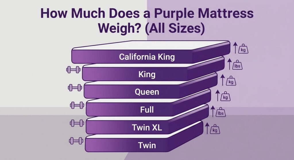 Here are the alt text, caption, and a detailed description for the image: Alt Text A vertical infographic-style diagram titled "How Much Does a Purple Mattress Weigh? (All Sizes)." The visual features a conceptual, ascending stack of six purple mattress blocks against a light, neutral background, ranging from 'Twin' at the bottom to 'California King' at the top. To the right of each size, an upward arrow points to a small icon of a scale weight, labeled alternately with "kg" and "lbs," symbolizing increasing mass for larger dimensions. Dumbbell icons line the left side, reinforcing the fitness/weight metaphor.