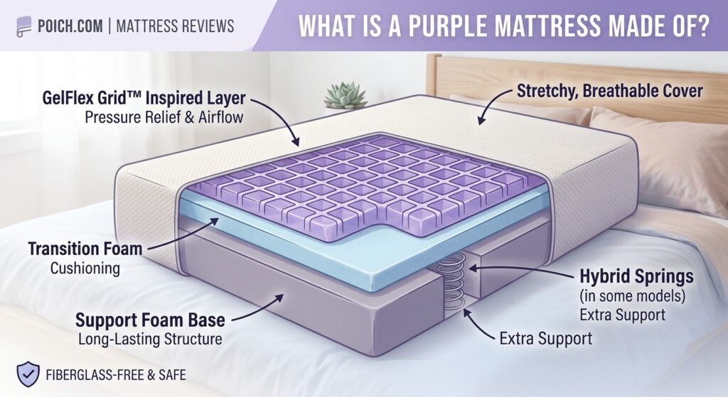 A cross-section diagram of a Purple mattress showing the purple GelFlex Grid, foam comfort layers, and support base to explain mattress materials.